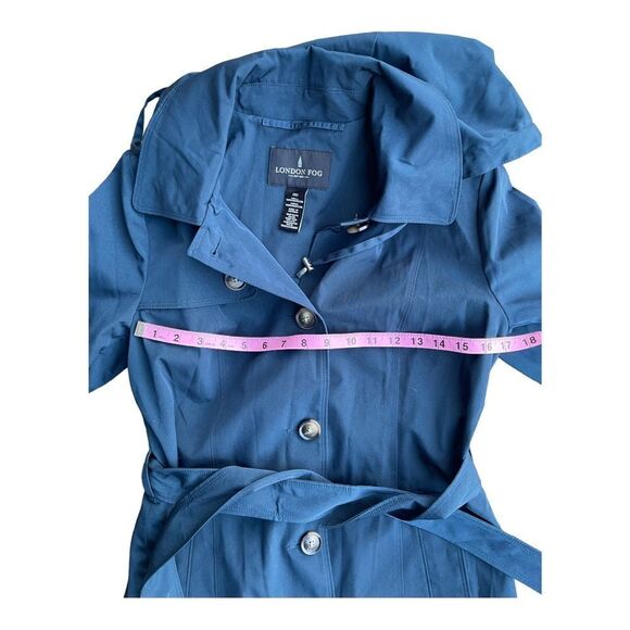 LONDON FOG Teal Blie Trench Coat Tie Waist Short Size Small Hood EUC - Picture 7 of 8